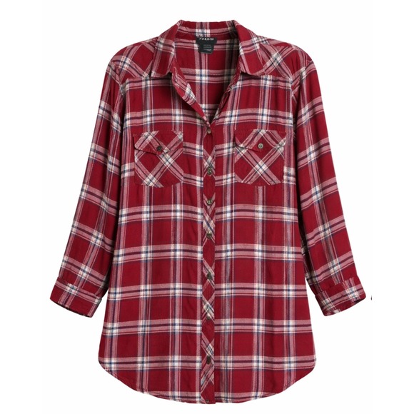 torrid Tops - Torrid Womens Maroon Plaid Button Down Rayon Long Sleeve Flannel Shirt Plus 2X